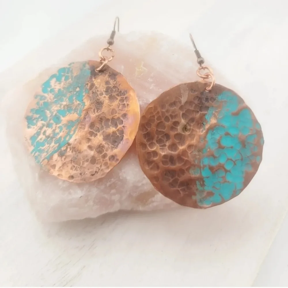 COPPER EARRINGS HANDMADE WITH BLUE & BROWN PATINA 2